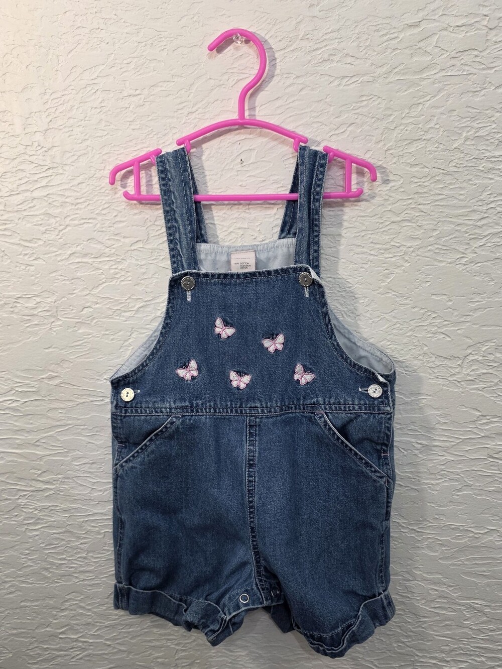 Toddler Girl Pink Butterfly Embroidered Denim Shortalls Overalls 24 Months